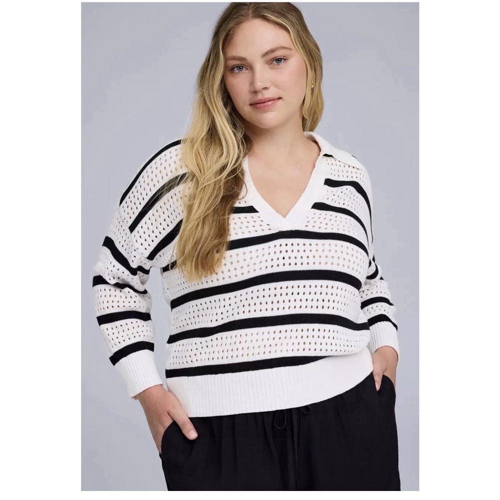 Torrid Belle Isle Pointelle Pullover Sweater Navy White Strip Nautical Sz-2X